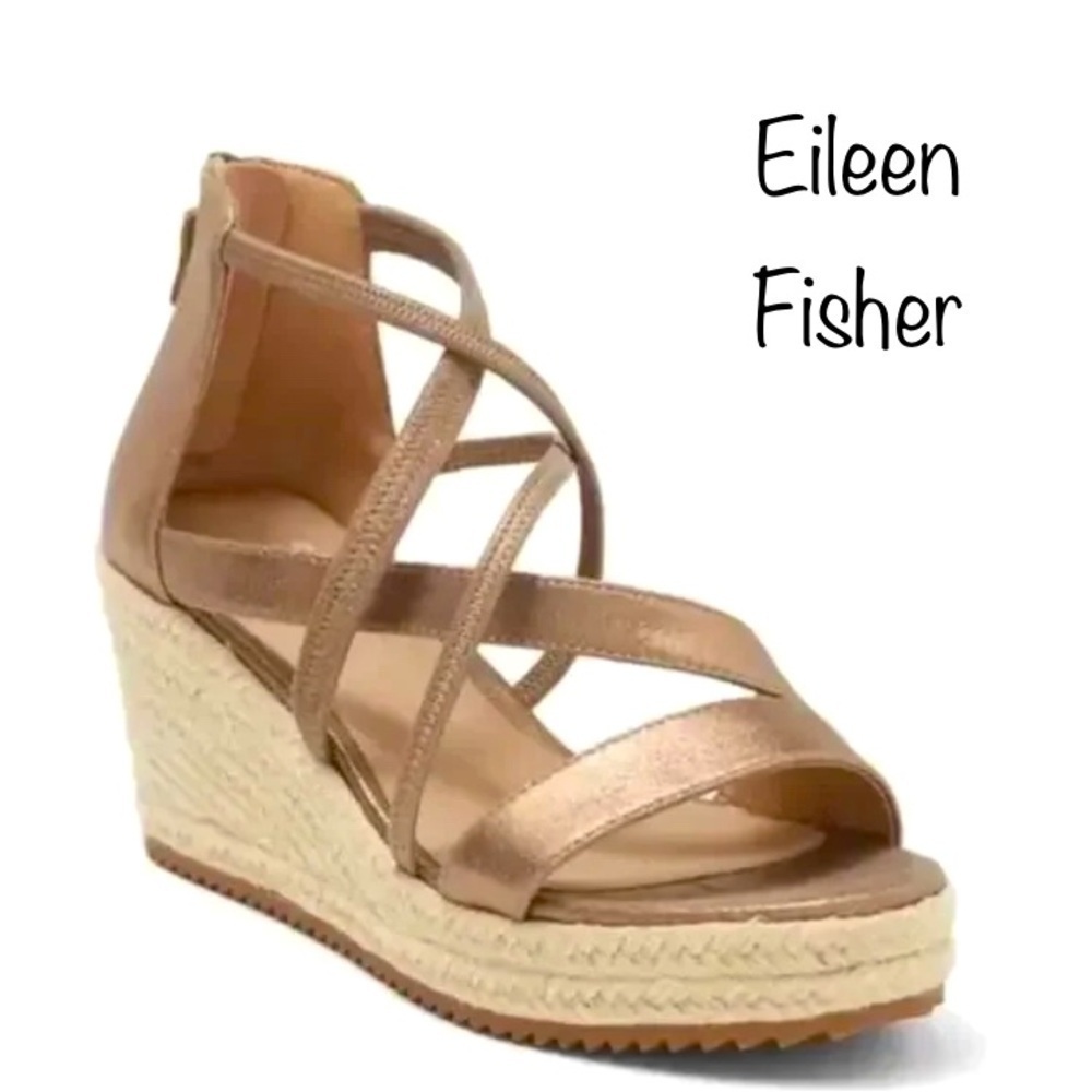 🔥NEW🔥 Eileen Fisher Wanda Bronze Leather Espadrille Wedge Strappy Sandal W9